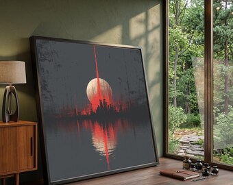 Abstract City Skyline Canvas, Red Reflection Wall Art, Modern Urban Landscape, Moonlight Glow Canvas, Contemporary Home Decor