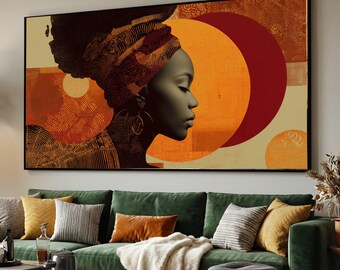 Elegant African Woman Profile Canvas, Ethnic Headwrap Art, Modern Portrait Wall Art, Warm Toned Abstract Canvas, Contemporary Home