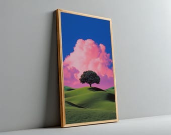 May include: A framed art print featuring a surreal landscape. A lone tree stands on a grassy hill under a vibrant pink cloud against a deep blue sky. The artwork is encased in a light-colored wooden frame.