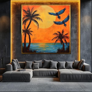 Tropical Sunset Canvas Painting Palm Tree and Parrot Wall Art Vibrant Beach Decor Unique Gift for Nature and Art Lovers