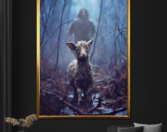 Jesus and the Lost Lamb Canvas Painting, Religious Wall Art, Christian Decor Gift, Spiritual Artwork, Faith-Inspired Home Decor