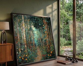 Enchanted Forest Pathway Canvas, Floral Woodland Wall Art, Greenery Nature Scene, Decorative Forest Trees Canvas, Home Wall Decoration