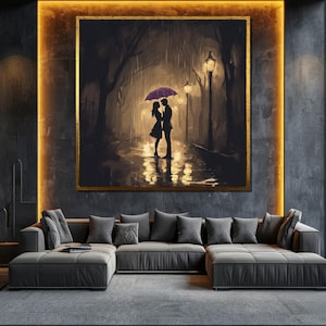 Romantic Couple in Rain Canvas Painting, Silhouette Wall Art, Love Inspired Home Decor, Perfect Gift for Anniversary