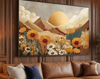 Golden Sunset Floral Canvas, Mountain Landscape Wall Art, Autumn Garden Decor, Nature Scene Canvas, Rustic Home Decoration