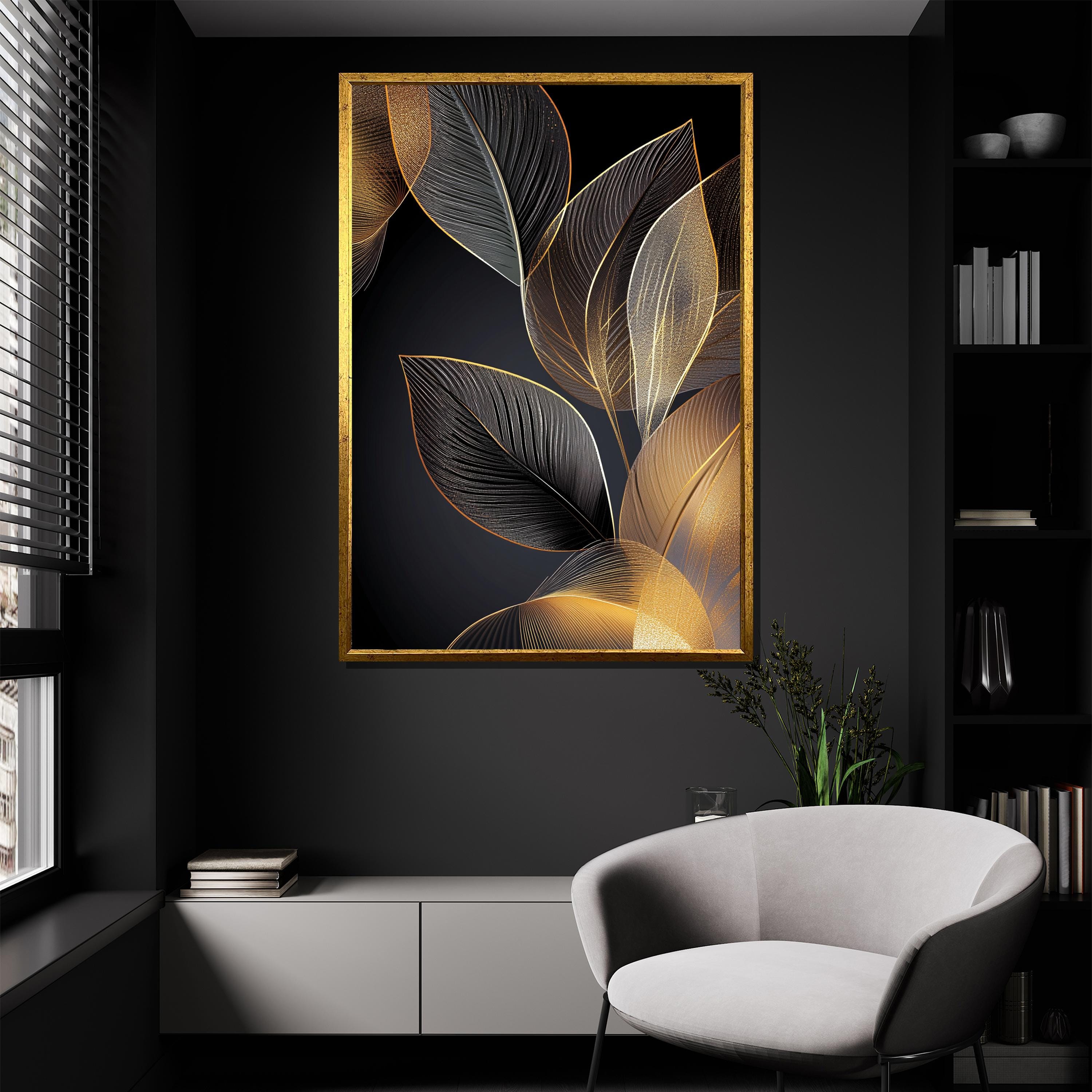 Gold and Black Leaf Canvas Painting Modern Abstract Wall Art for Living ...