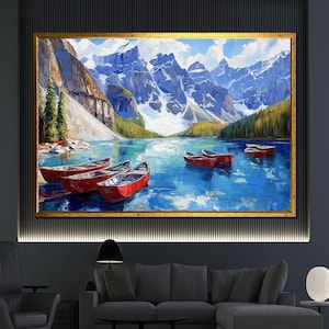 Red Canoes on Mountain Lake Canvas Painting Scenic Wall Art for Home Decor and Nature Lovers Gift