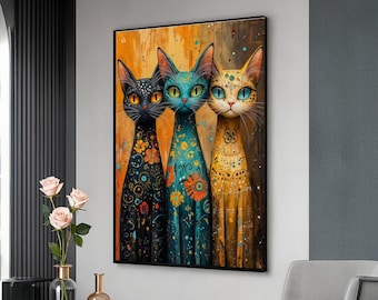 Nyckfull trio katter canvas, färgglad blommig kattkonst, modern djurväggdekor, livfull kattmålning, unik heminredning