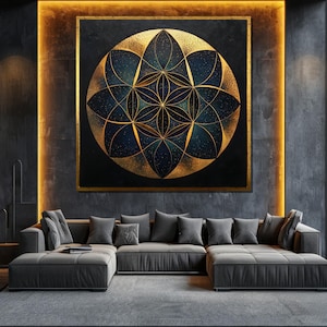 Luxury Mandala Canvas Painting Gold and Navy Wall Art Sacred Geometry Spiritual Home Decor Elegant Gift for Relaxation Spaces