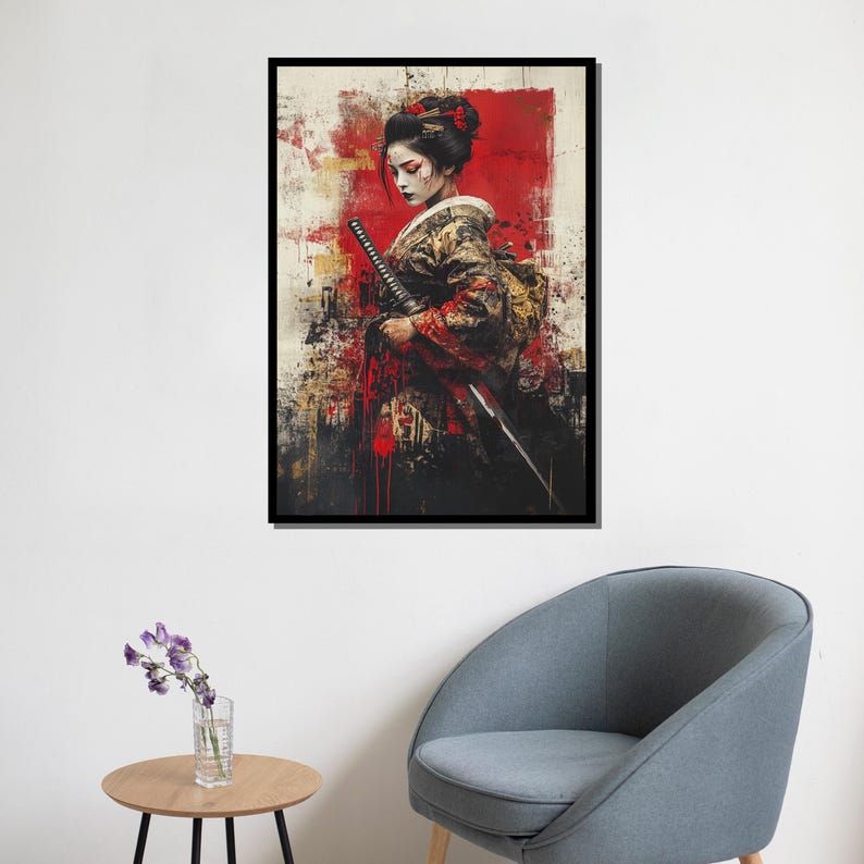 Samurai Geisha With Katana Canvas Art, Japanese Warrior Woman Wall ...