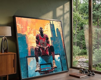 Inspirational Basketball Legend Canvas, Urban Sports Art, Chicago Bulls Jersey, Cityscape Wall Decor, Athletic Motivation Print