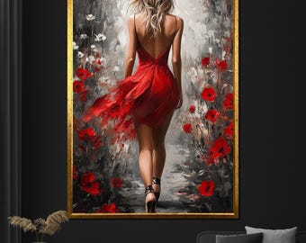 Cuadro sobre lienzo de una dama vestida de rojo: mujer romántica en un campo de amapolas. Arte mural moderno. Decoración única para el hogar. Regalo para ella.