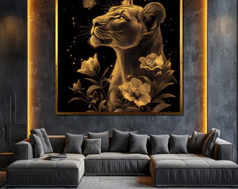 Lioness Canvas Painting Elegant Golden Wall Art Floral Wildlife Decor Unique Gift for Animal and Nature Lovers