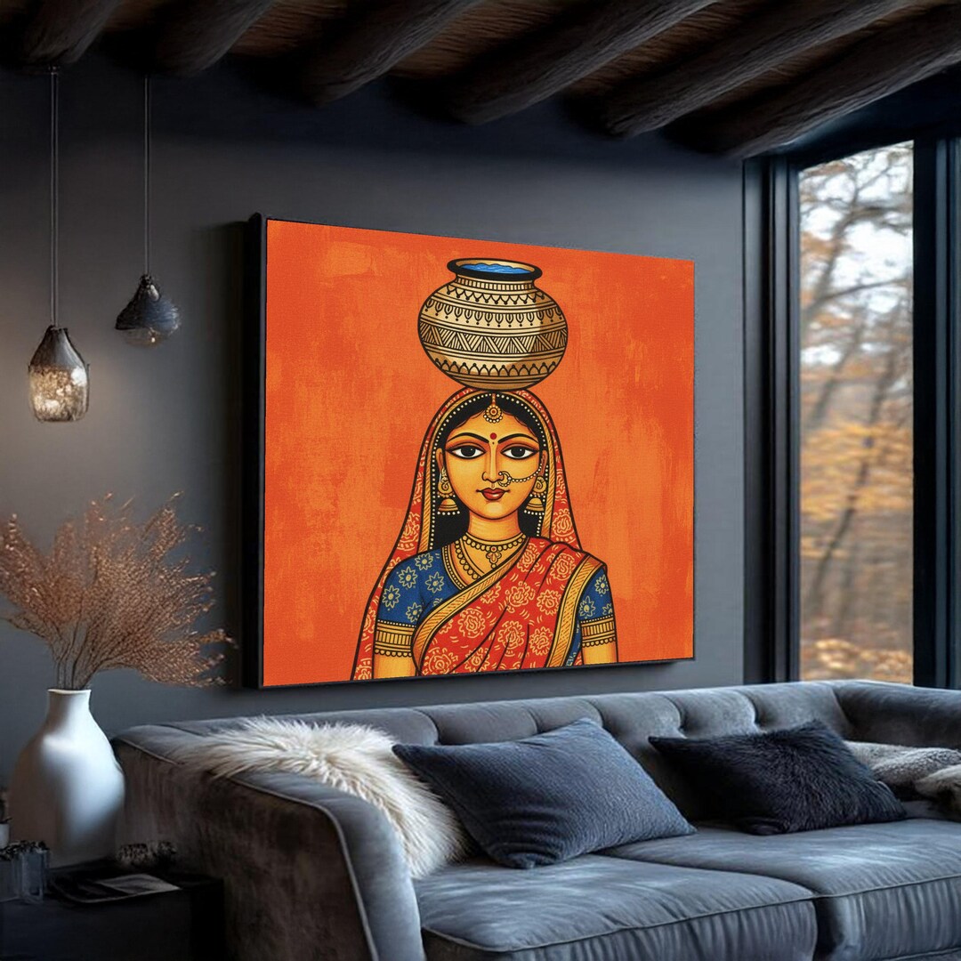 Traditional Indian Woman Carrying Water Pot Canvas Wall Art, Ethnic ...