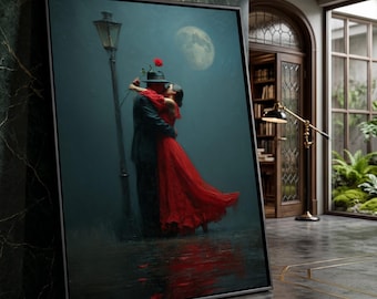 Romantic Moonlight Kiss, Couple Embrace Canvas, Red Dress Wall Art, Nighttime Romance Decor, Love Scene Canvas, Elegant Home Decoration