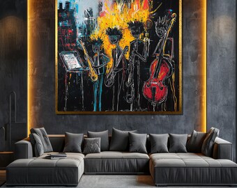 Abstract canvas schilderij jazzband, kleurrijke muziekmuurkunst voor modern interieur, uniek kunstcadeau