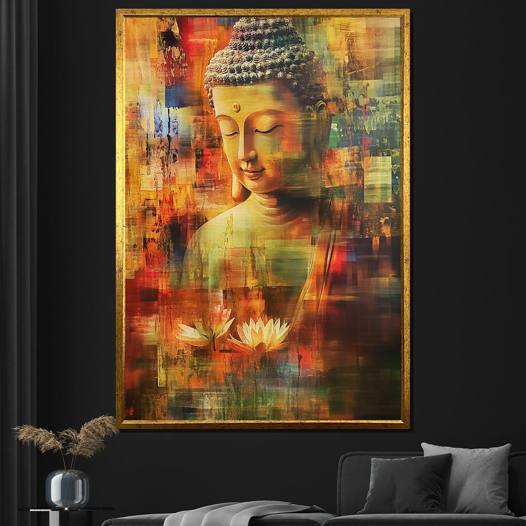 Buddha Canvas Painting, Spiritual Wall Art With Lotus Flowers, Modern ...