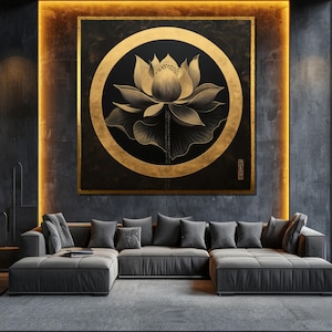 Golden Lotus Flower Canvas Painting Elegant Zen Wall Art for Modern Home Decor Spiritual Gift Idea