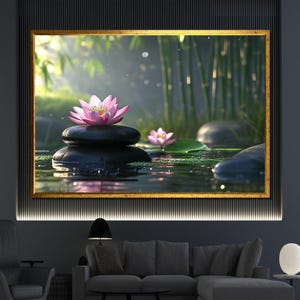 禅の蓮の花のキャンバス画 竹を使った静かなスパの壁アート リラックスできる家の装飾やギフトのアイデア