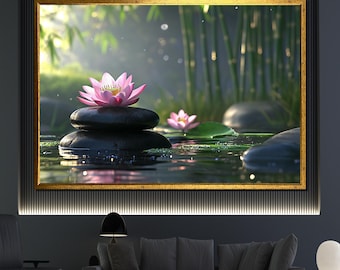 Zen Lotus Flower Canvas Painting Tranquil Spa Wall Art with Bamboo for Relaxing Home Decor and Gift Idea