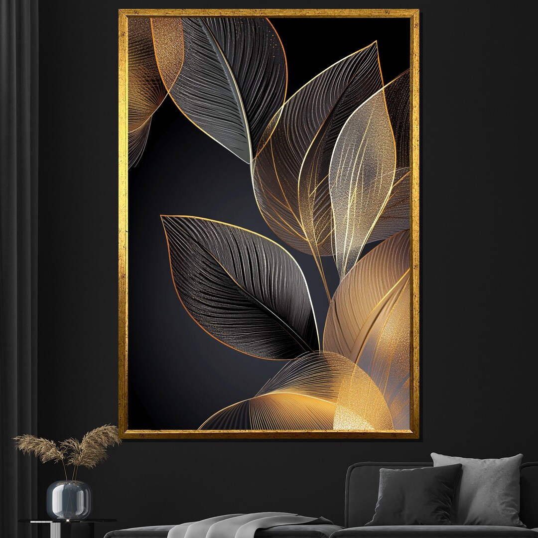 Gold and Black Leaf Canvas Painting Modern Abstract Wall Art for Living ...