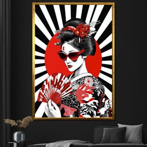 Modern Geisha Canvas Painting Japanese Pop Art Red Sun Wall Decor Unique Gift for Living Room