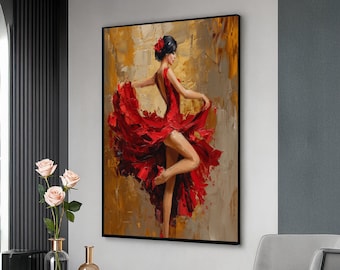 Elegant Flamenco Dancer Canvas, Red Dress Wall Art, Abstract Expressionist Painting, Bold Dance Movement Canvas, Vibrant Home Decor