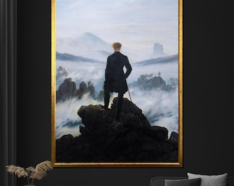 Caspar David Friedrich Wanderer Above the Sea of Fog Malarstwo na płótnie, Sztuka romantyzmu, Klasyczna dekoracja ścienna, Ponadczasowe dzieło sztuki, Prezent