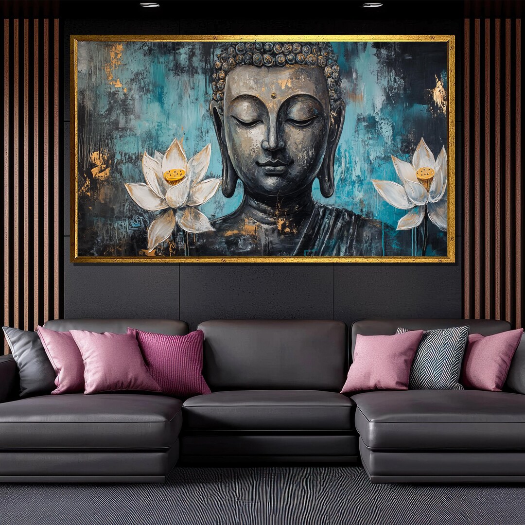 Buddha Canvas Painting With Lotus Flowers Elegant Spiritual Wall Art ...