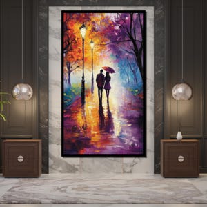 Romantic Stroll in Rain Canvas Painting, Colorful Couple Wall Art, Love Inspired Decor, Perfect Gift for Anniversary image 3