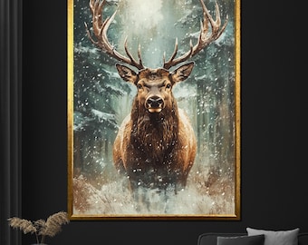 Maestoso cervo dipinto su tela foresta invernale arte murale per soggiorno grande opera d'arte sulla fauna selvatica regalo per gli amanti della natura
