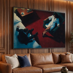 Elegant Couple Sitting Scene Canvas, Moody Interior Art, Conversation Moment Wall Decor, Dramatic Lighting Canvas, Contemporary Figurative