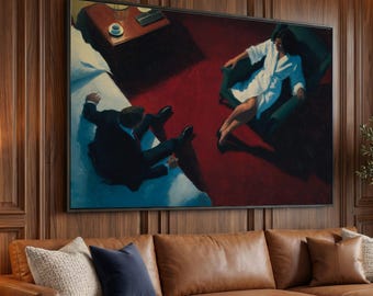 Elegant Couple Sitting Scene Canvas, Moody Interior Art, Conversation Moment Wall Decor, Dramatic Lighting Canvas, Contemporary Figurative