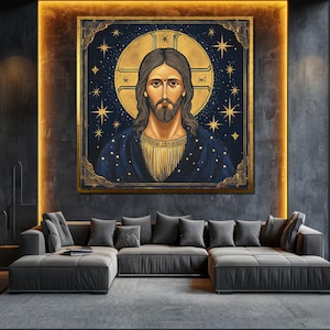 Jesus Christ Icon Canvas Painting, Religious Wall Art, Byzantine Christian Decor, Sacred Artwork, Faith-Inspired Gift