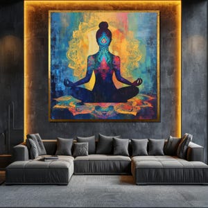 Chakra Meditation Canvas Painting Vibrant Yoga Silhouette Wall Art Spiritual Home Decor Unique Gift for Zen and Relaxation Spaces