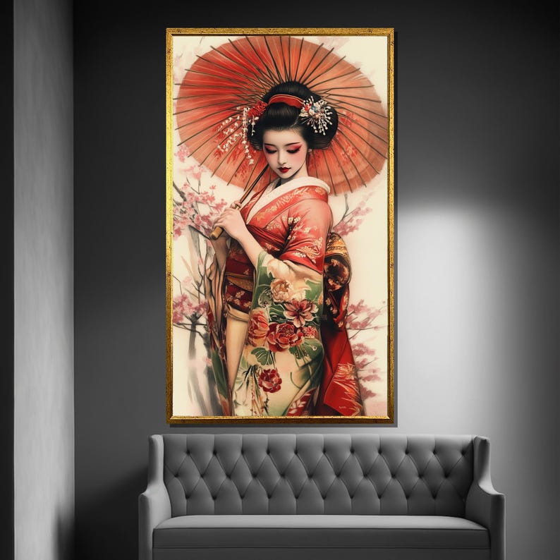 Japanese Geisha Canvas Painting Traditional Kimono Art Elegant Wall Decor Unique Gift for Living Room image 2