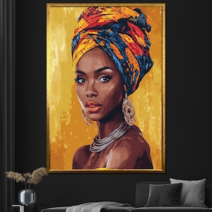 African Woman in Vibrant Headwrap Canvas Painting, Bold Afrocentric Wall Art, Cultural Gift for Home Decor