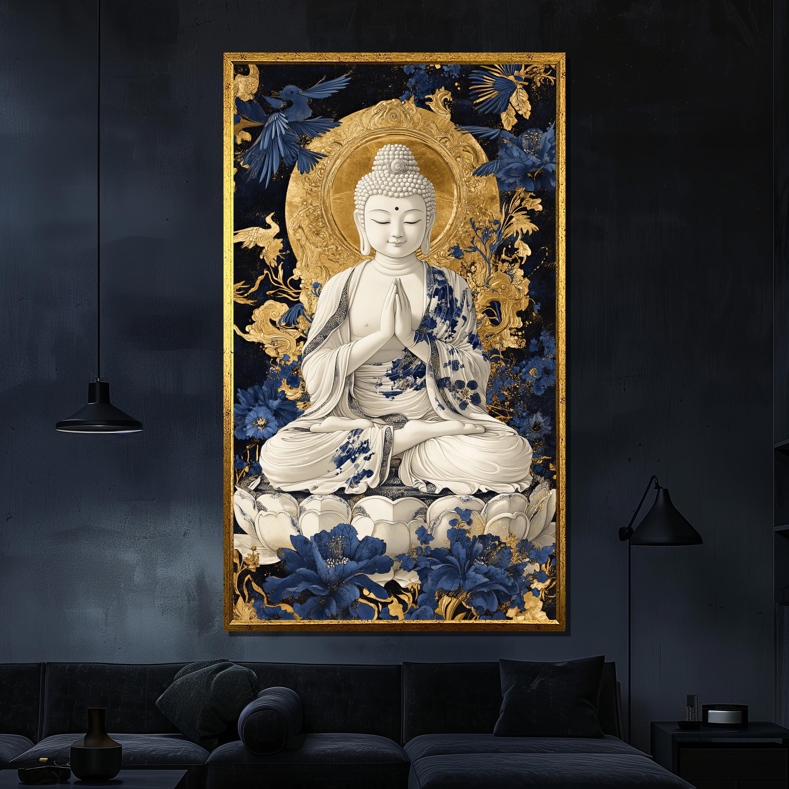 Golden and Blue Buddha Canvas Painting Elegant Spiritual Wall Art for ...
