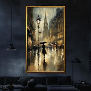 Rainy Street Cityscape Canvas Painting - Elegant Urban Wall Art with Umbrella Silhouette for Living Room Decor