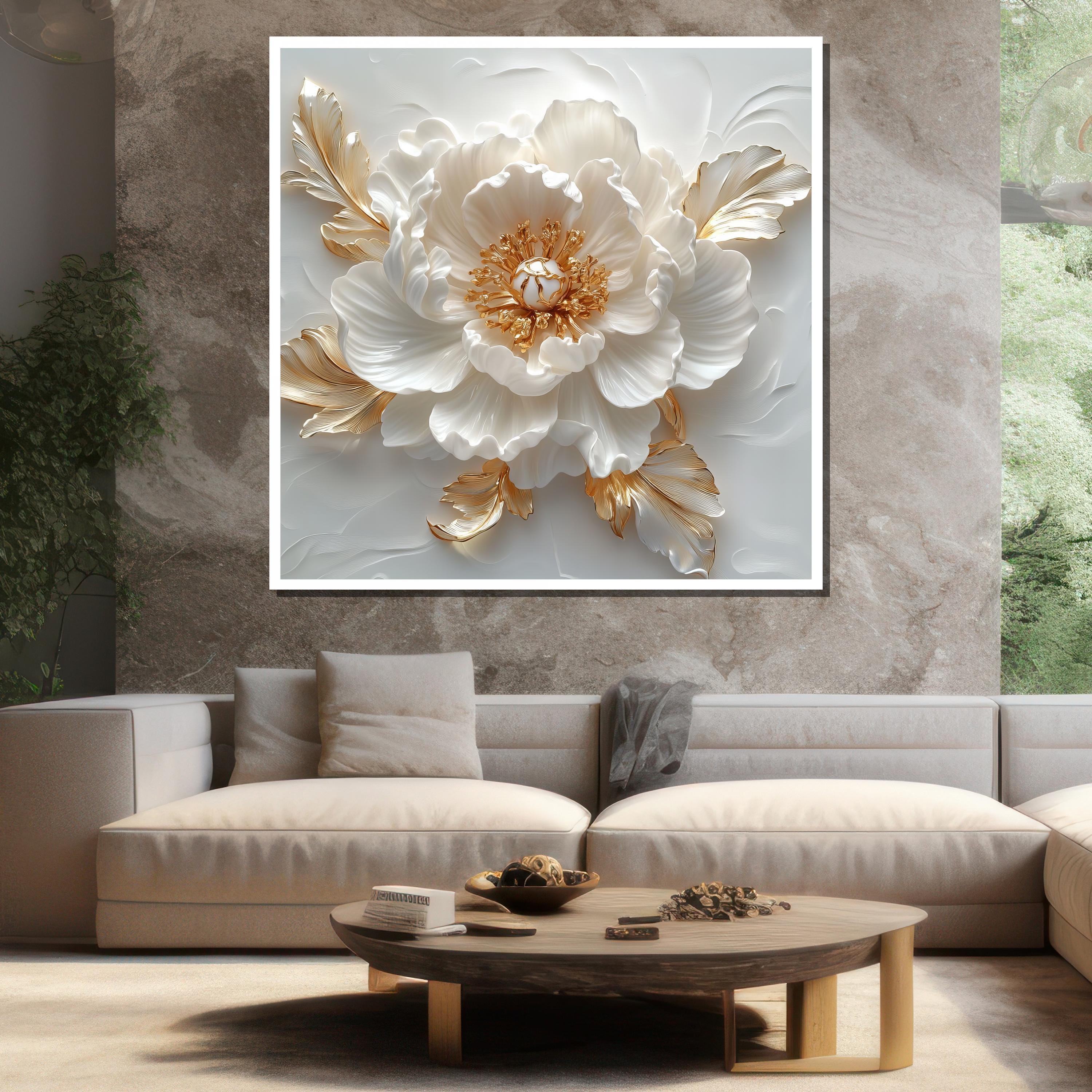 Luxury White and Gold Floral Canvas Painting Wall Art for Living Room ...