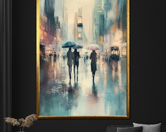 Rainy City Street Canvas Painting, Umbrella Silhouette Wall Art, Modern Urban Scene Artwork, Contemporary Home Decor Gift