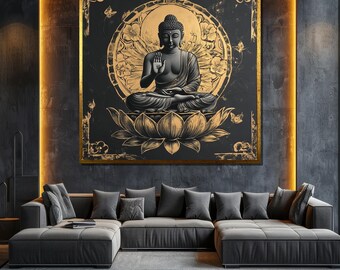 Luxury Buddha Canvas Painting Gold and Black Wall Art Elegant Spiritual Decor Modern Home Gift Idea for Meditation and Yoga Space
