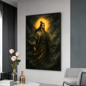 May include: A framed canvas print featuring a portrait of a man in traditional Asian attire. The artwork depicts a man with long hair and a beard, set against a backdrop of swirling clouds and a golden sun. The color palette is dominated by dark greens, browns, and gold.