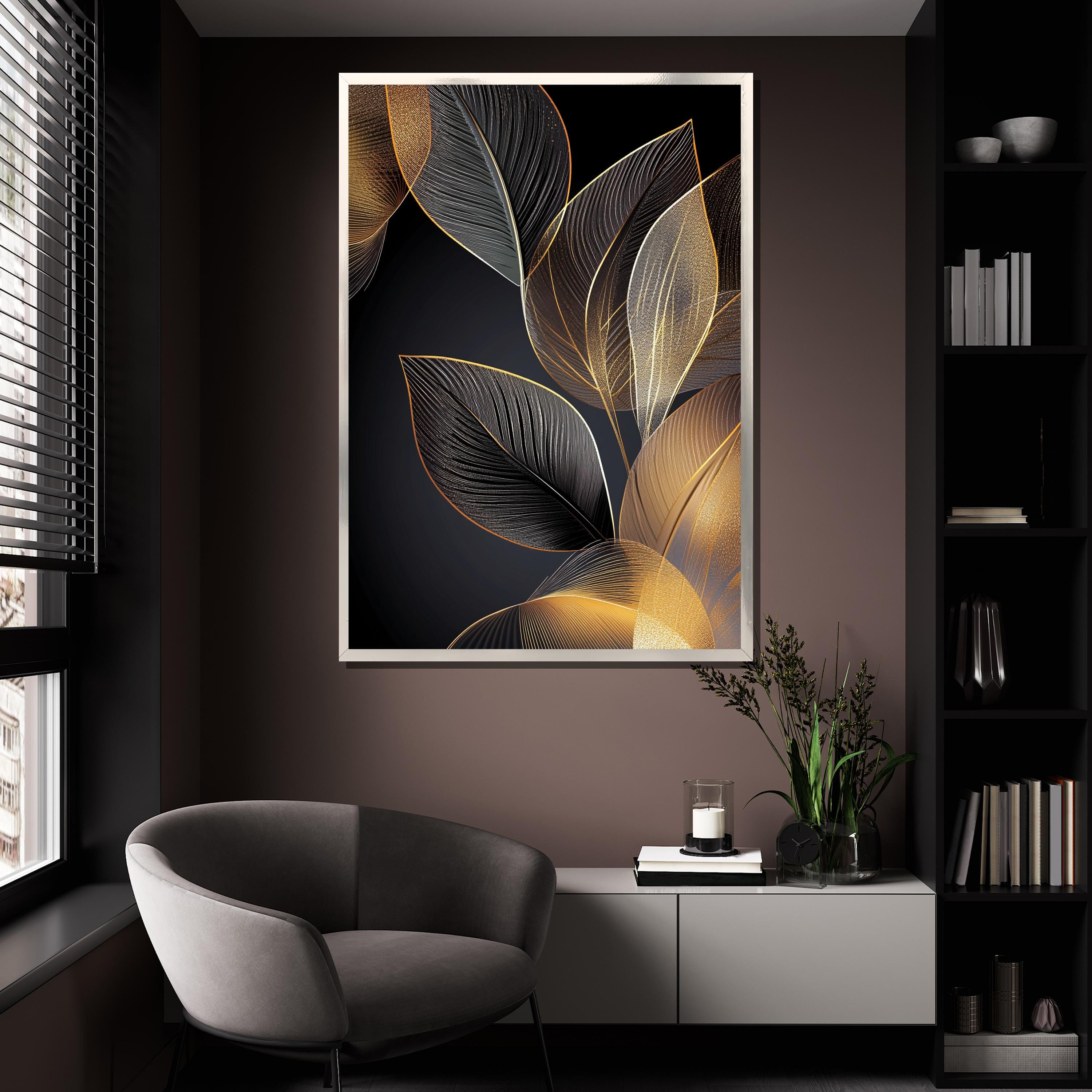 Gold and Black Leaf Canvas Painting Modern Abstract Wall Art for Living ...