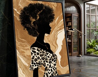 Elegant Silhouette of Woman with Afro Hair, Leopard Print Dress Canvas, Modern Abstract Portrait Wall Art, Brown Marbled Background