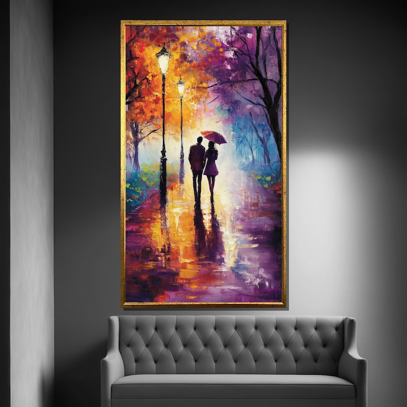 Romantic Stroll in Rain Canvas Painting, Colorful Couple Wall Art, Love Inspired Decor, Perfect Gift for Anniversary image 2
