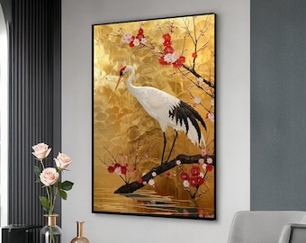 Elegant Crane and Cherry Blossoms Canvas Wall Art, Gold Background Japanese Style Bird and Floral Painting, Oriental Nature Decor, Ready to