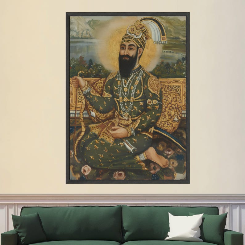 Regal Sikh Warrior Portrait Canvas, Traditional Indian Royalty Art, Historical Wall Decor, Intricate Costume Painting, Cultural Heritage Black Frame