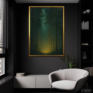 May include: A framed artwork depicts a forest scene with tall, slender trees in shades of green and teal. The artwork has a golden frame. The forest floor glows with a warm, golden light, and tiny specks of light are scattered throughout the scene.