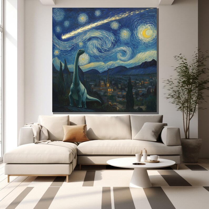 Dinosaur Starry Night Canvas Painting Unique Wall Art for Kids Room Decor and Dinosaur Lovers Gift image 6