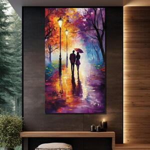 Romantic Stroll in Rain Canvas Painting, Colorful Couple Wall Art, Love Inspired Decor, Perfect Gift for Anniversary image 6